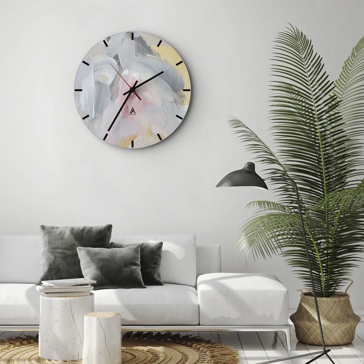 Ceas de perete - Ceas pe sticlă - Pete pastelate abstracte în nuanțe de roz și gri - 30x30cm - Într-o lume de pastel - Decorațiune modernă pentru perete pentru living, bucătărie și dormitor ARTTOR
