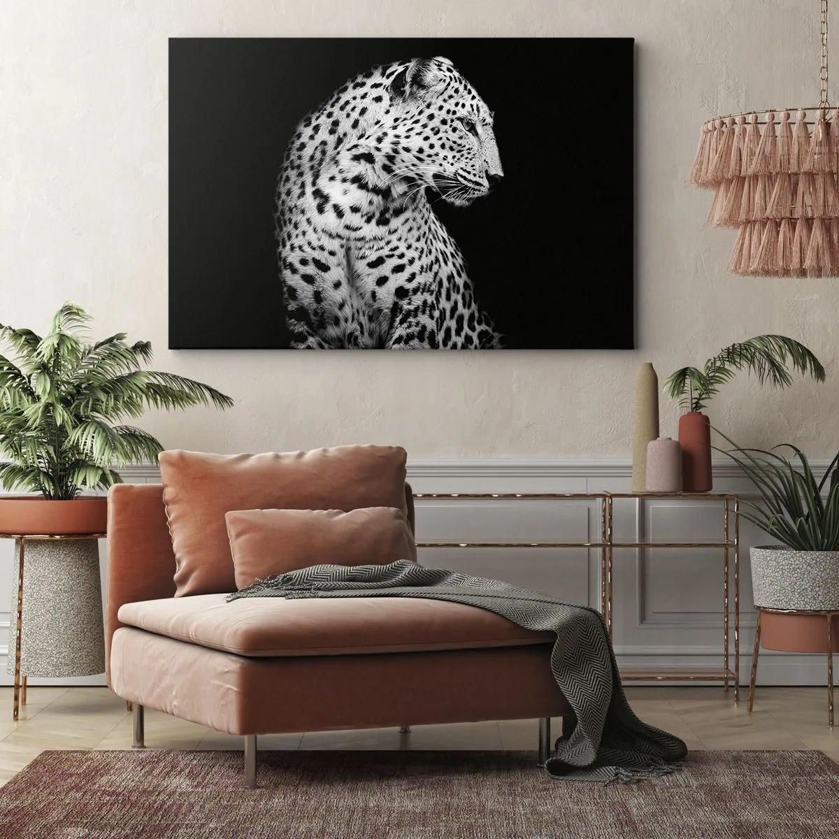 Tablou pe pânză Canvas - Imagine alb-negru a unui leopard pe fundal negru - 70x50cm - Profilul drept perfect! - Decorațiune modernă pentru perete pentru living și dormitor ARTTOR