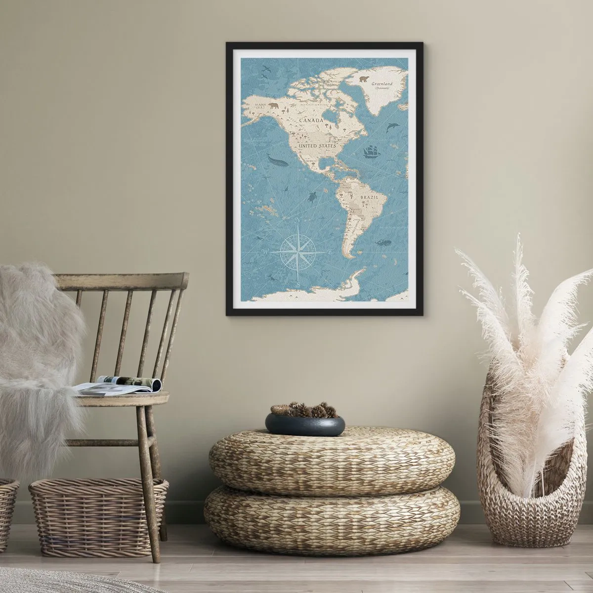 Poster în ramă neagră - Hartă stilizată a Americii de Nord și de Sud - 50x70cm - Lumea la îndemână - Decorațiune modernă pentru perete pentru living și dormitor ARTTOR