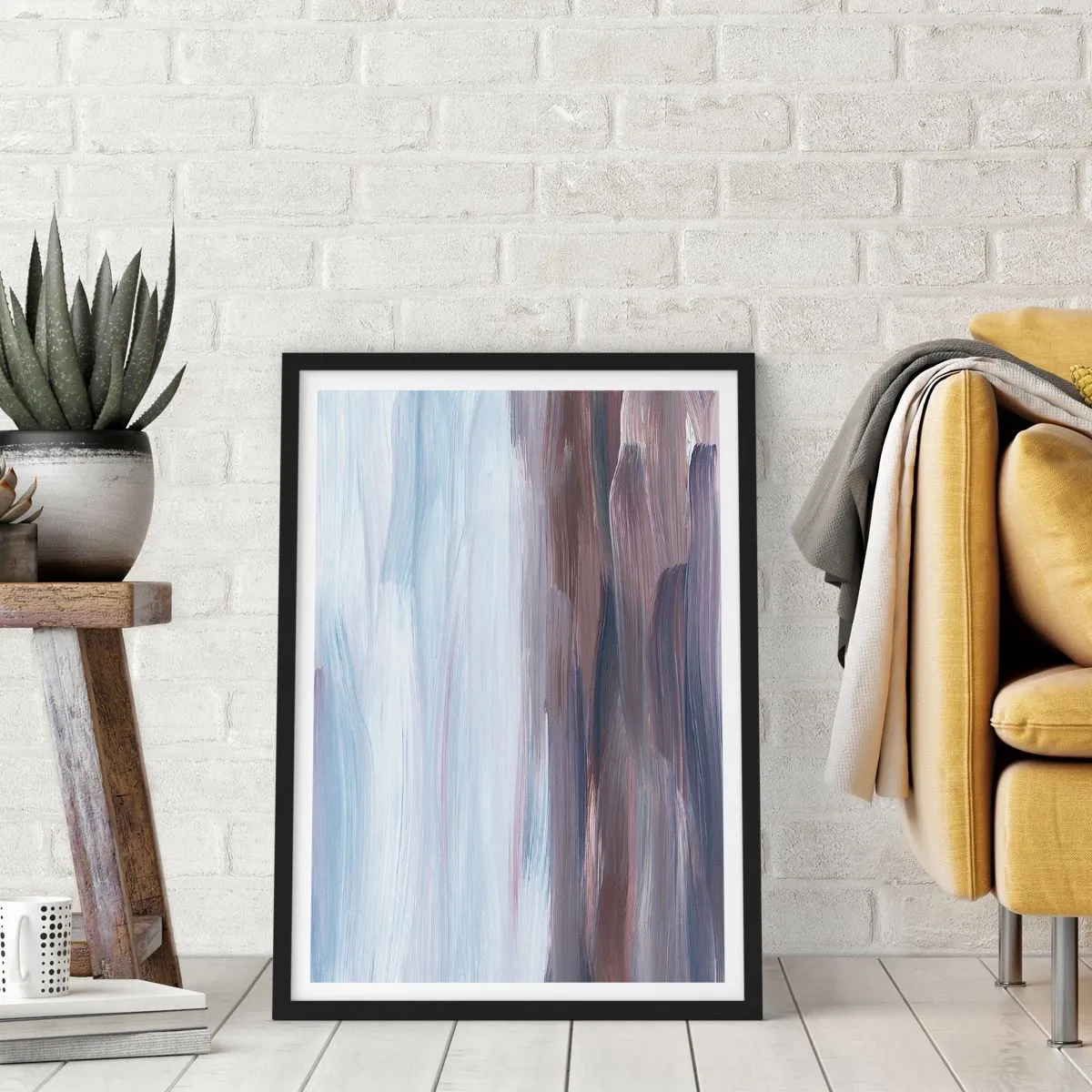 Poster în ramă neagră - Pensule abstracte în nuanțe de albastru și maro - 50x70cm - Elemente: apă - Decorațiune modernă pentru perete pentru living și dormitor ARTTOR