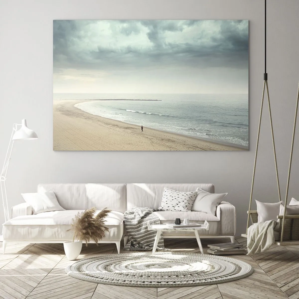 Tablou pe sticlă - O figură plimbându-se pe o plajă pustie, lângă o mare calmă - 70x50cm - Căutând liniștea - Decorațiune modernă pentru perete pentru living și dormitor ARTTOR