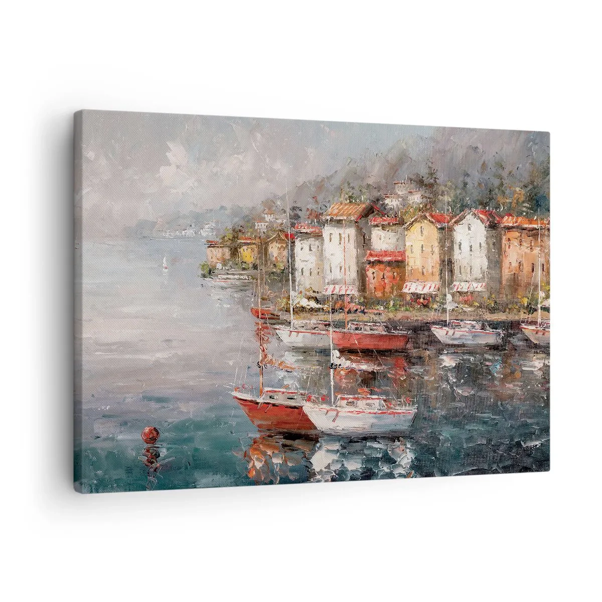 Tablou pe pânză Canvas - Peisaj litoral cu bărci și case colorate - 70x50cm - Portul romantic - Decorațiune modernă pentru perete pentru living și dormitor ARTTOR
