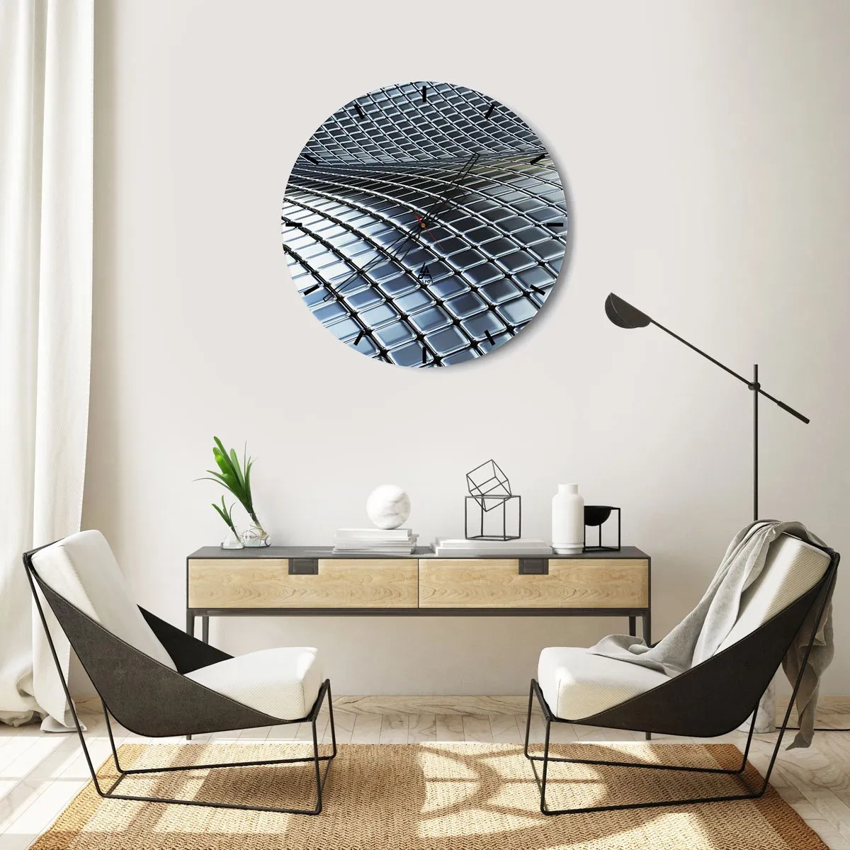 Ceas de perete - Ceas pe sticlă - Suprafață futuristă realizată din panouri metalice într-o nuanță argintie - 30x30cm - Val metalic argintiu - Decorațiune modernă pentru perete pentru living, bucătărie și dormitor ARTTOR