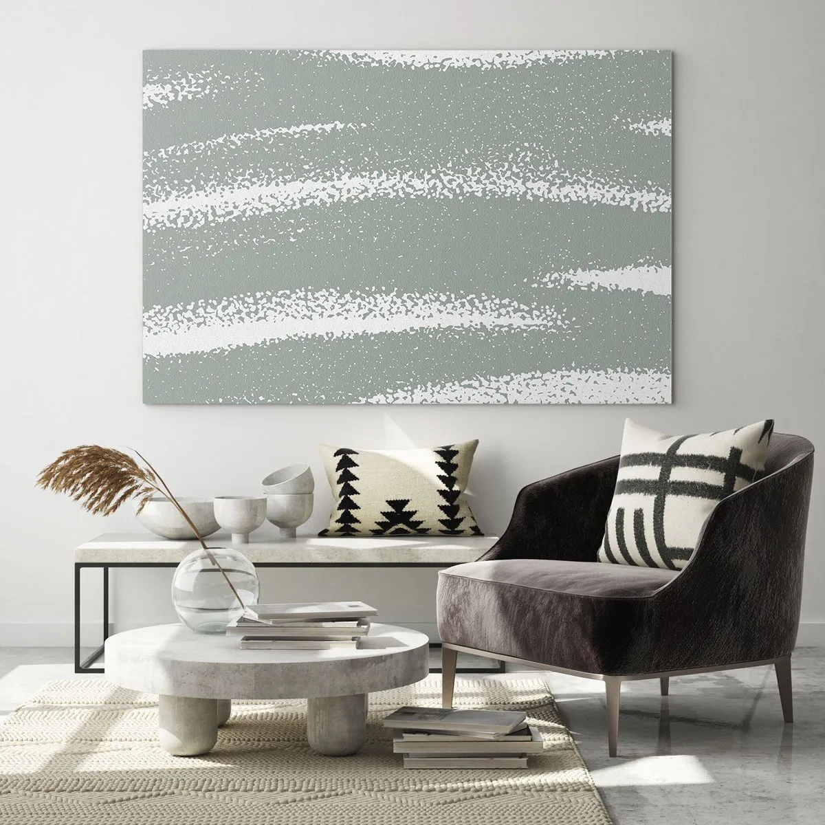 Tablou pe sticlă - Dungi albe pe un fundal verde rece - 70x50cm - Abstracție în stil de iarnă - Decorațiune modernă pentru perete pentru living și dormitor ARTTOR