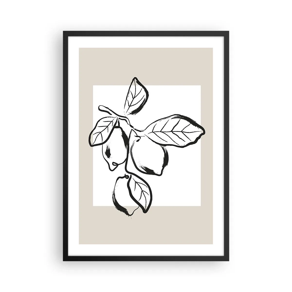 Poster în ramă neagră - O ilustrație minimalistă a unei crenguțe de lămâie în stil alb-negru. - 50x70cm - Unde se coace lămâia... - Decorațiune modernă pentru perete pentru living și dormitor ARTTOR