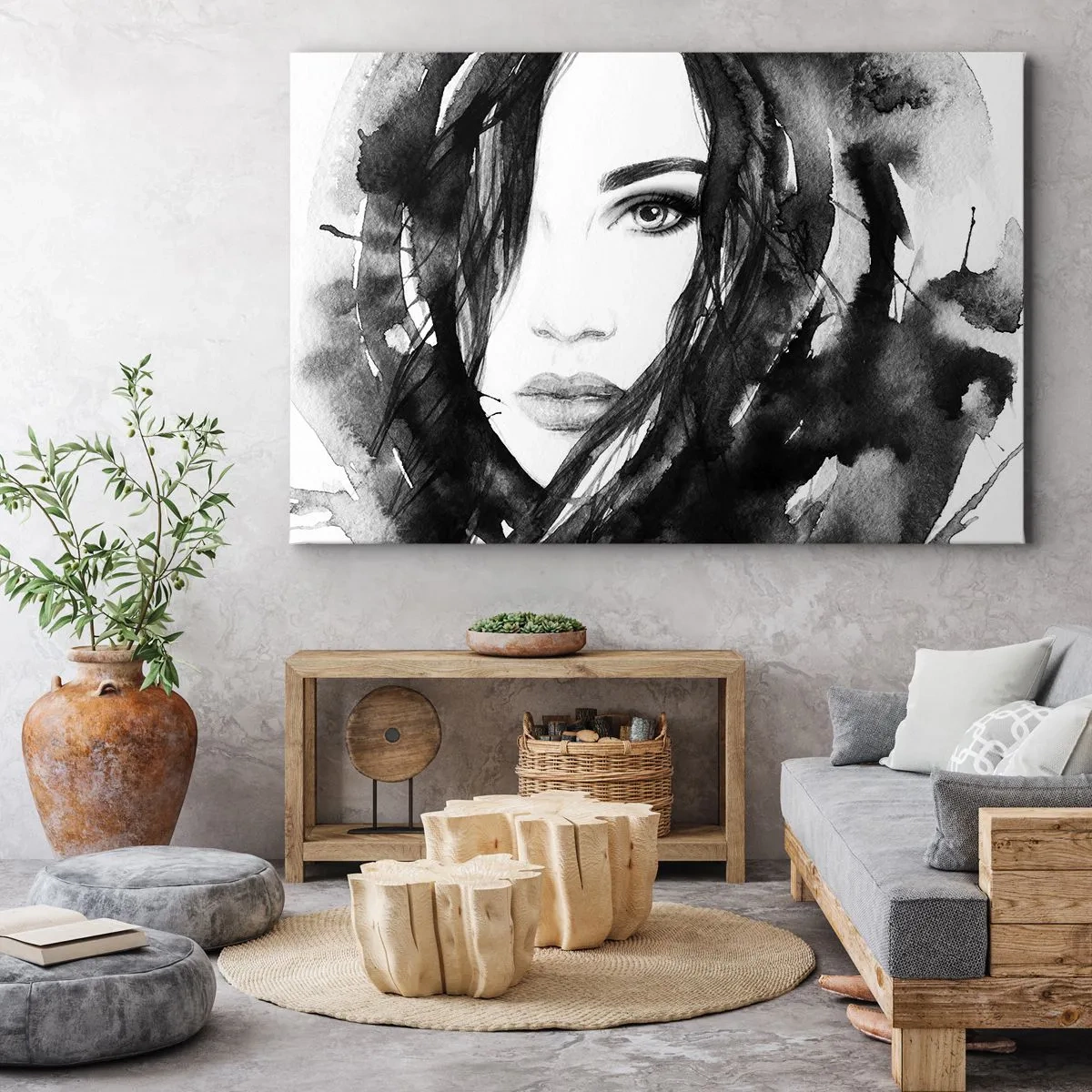 Tablou pe pânză Canvas - Portretul unei femei în acuarelă alb-negru - 70x50cm - Studiu unei dame în alb și negru - Decorațiune modernă pentru perete pentru living și dormitor ARTTOR
