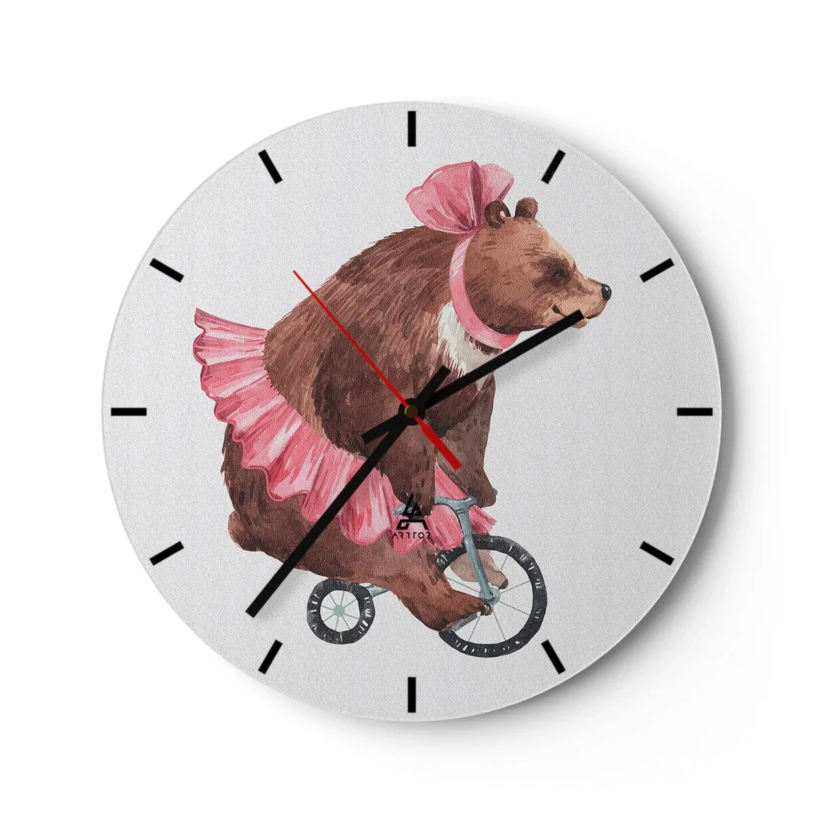 Ceas de perete - Ceas pe sticlă - Un urs într-o fustă roz călare pe o monocicletă - 30x30cm - Ce circ! - Decorațiune modernă pentru perete pentru living, bucătărie și dormitor ARTTOR