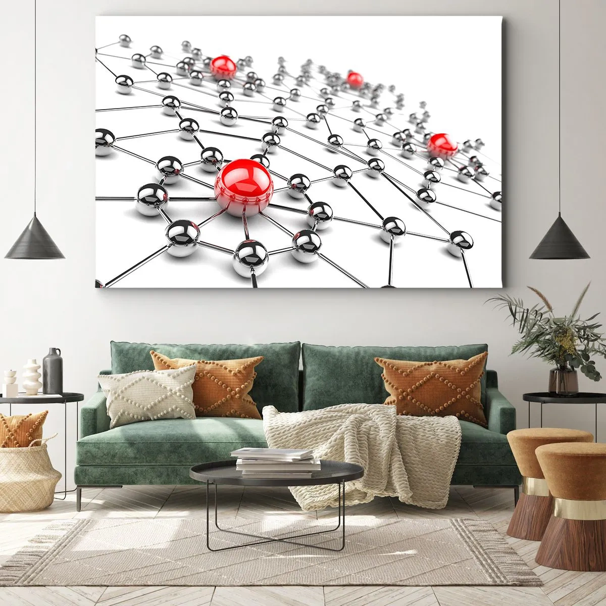 Tablou pe pânză Canvas - O rețea de bile metalice cu accente roșii - 70x50cm - Plasă de argint - Decorațiune modernă pentru perete pentru living și dormitor ARTTOR