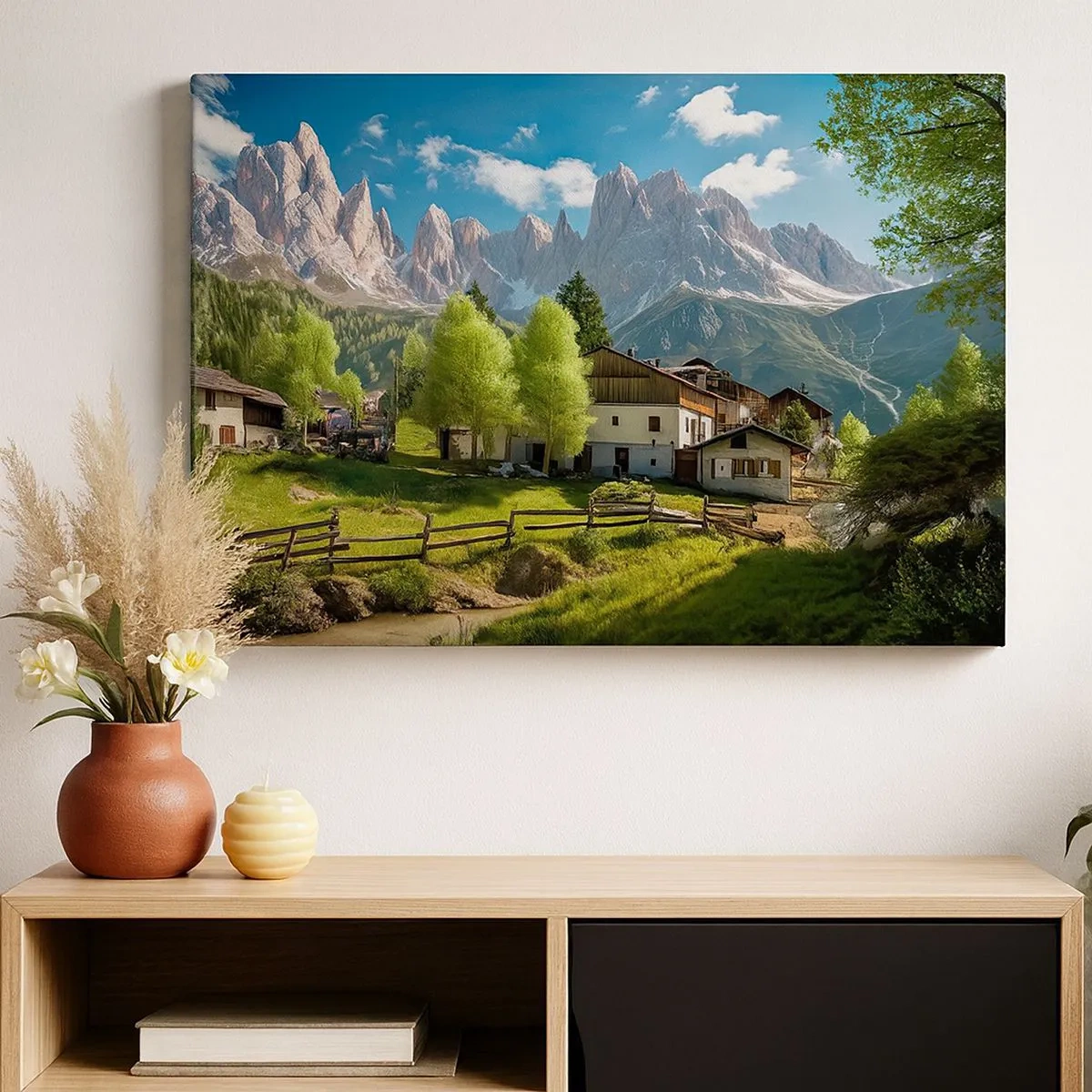 Tablou pe pânză Canvas - Un sat de munte cu case și o priveliște asupra Alpilor - 70x50cm - Idilă alpină - Decorațiune modernă pentru perete pentru living și dormitor ARTTOR