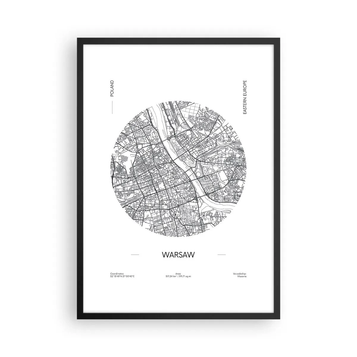Poster în ramă neagră - Hartă minimalistă a Varșoviei într-un cerc - 50x70cm - Anatomia Varșoviei - Decorațiune modernă pentru perete pentru living și dormitor ARTTOR