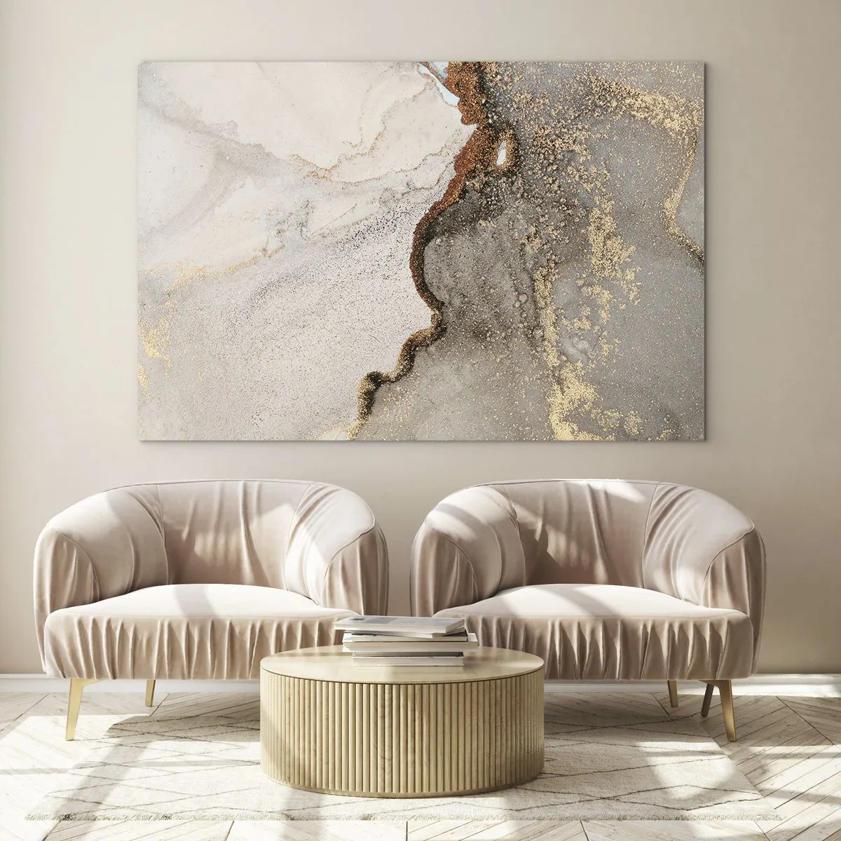 Tablou pe sticlă - Compoziție abstractă cu bej, auriu și grafit - 70x50cm - La granița culorilor - Decorațiune modernă pentru perete pentru living și dormitor ARTTOR