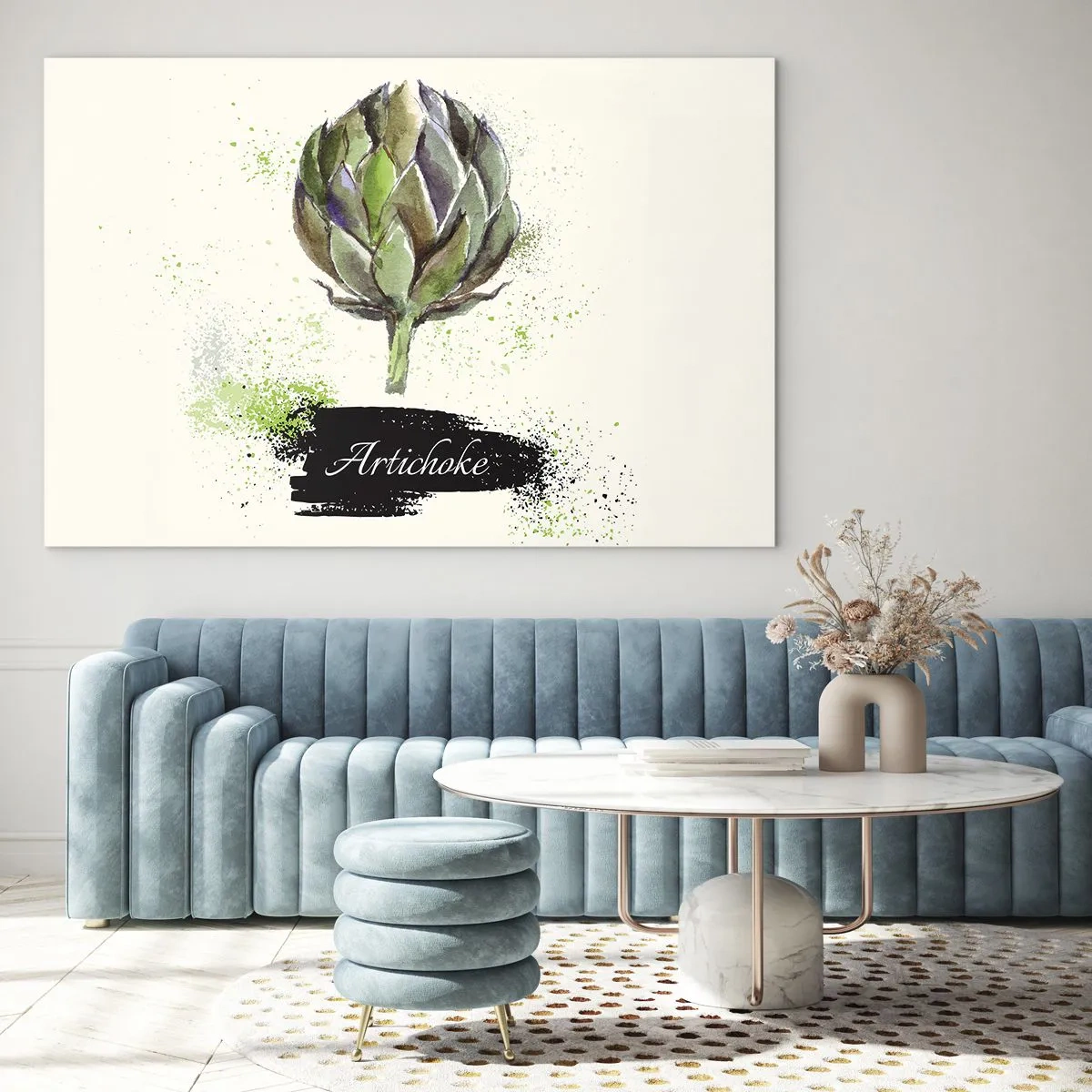 Tablou pe sticlă - Grafică în acuarelă cu anghinare, cu cuvântul „Anghinare” scris pe ea - 70x50cm - Trăiască legumele! - Decorațiune modernă pentru perete pentru living și dormitor ARTTOR