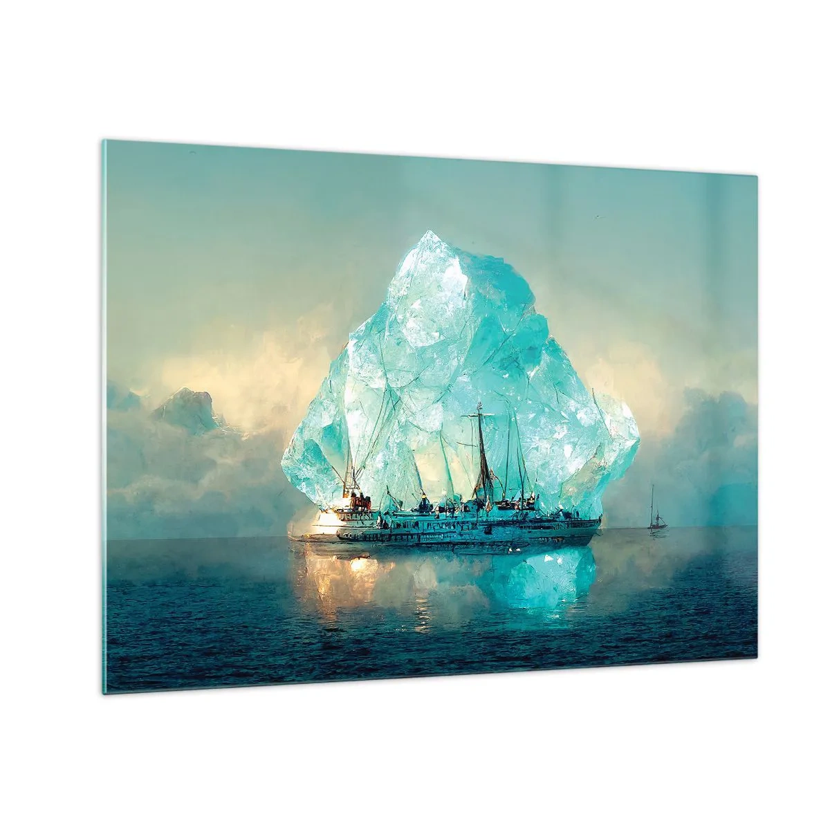 Tablou pe sticlă - O corabie cu pânze în fața unui ghețar imens în lumina arctică. - 70x50cm - Diamant arctic - Decorațiune modernă pentru perete pentru living și dormitor ARTTOR