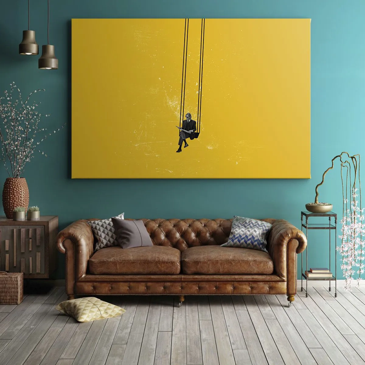 Tablou pe pânză Canvas - O persoană pe un leagăn pe un fundal galben intens - 70x50cm - O zi ca oricare alta - Decorațiune modernă pentru perete pentru living și dormitor ARTTOR