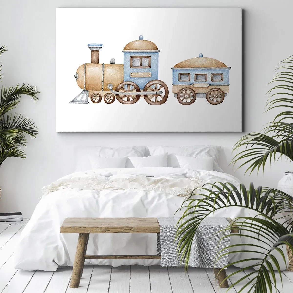 Tablou pe pânză Canvas - Desen al unui tren în nuanțe pastelate pe fundal alb - 70x50cm - Trenulețul din copilărie - Decorațiune modernă pentru perete pentru living și dormitor ARTTOR