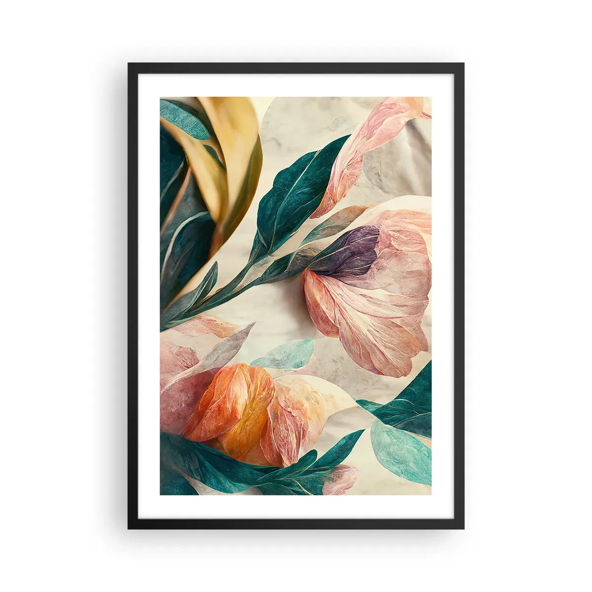 Poster în ramă neagră - Flori și frunze colorate într-o compoziție artistică - 50x70cm - Flori din insulele sudice - Decorațiune modernă pentru perete pentru living și dormitor ARTTOR