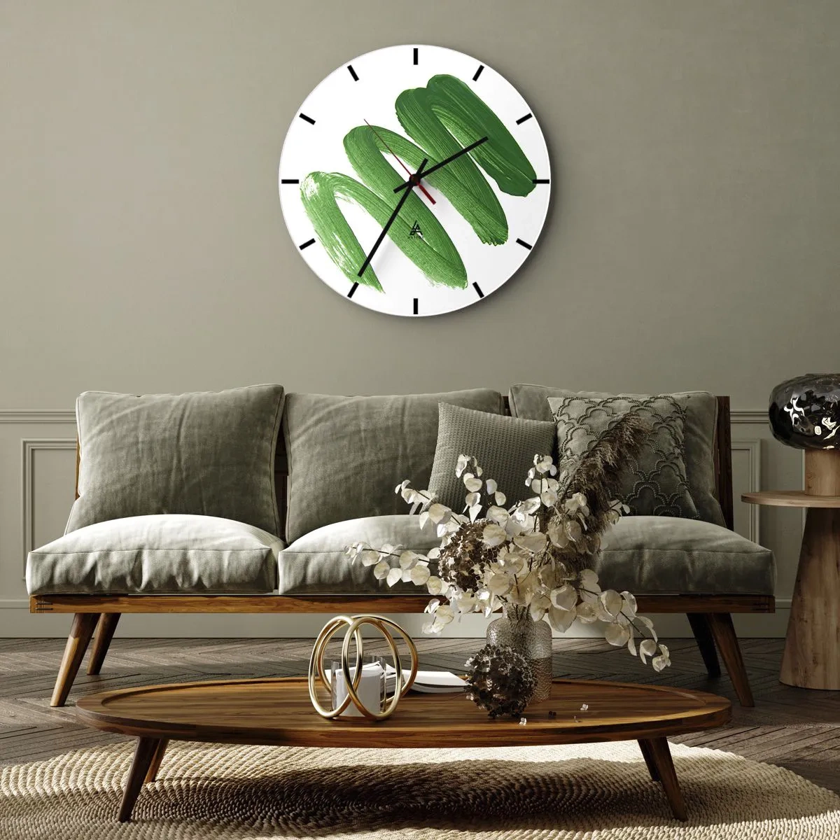 Ceas de perete - Ceas pe sticlă - tușe de pensulă verzi pe fundal alb - 30x30cm - Glumă verde - Decorațiune modernă pentru perete pentru living, bucătărie și dormitor ARTTOR