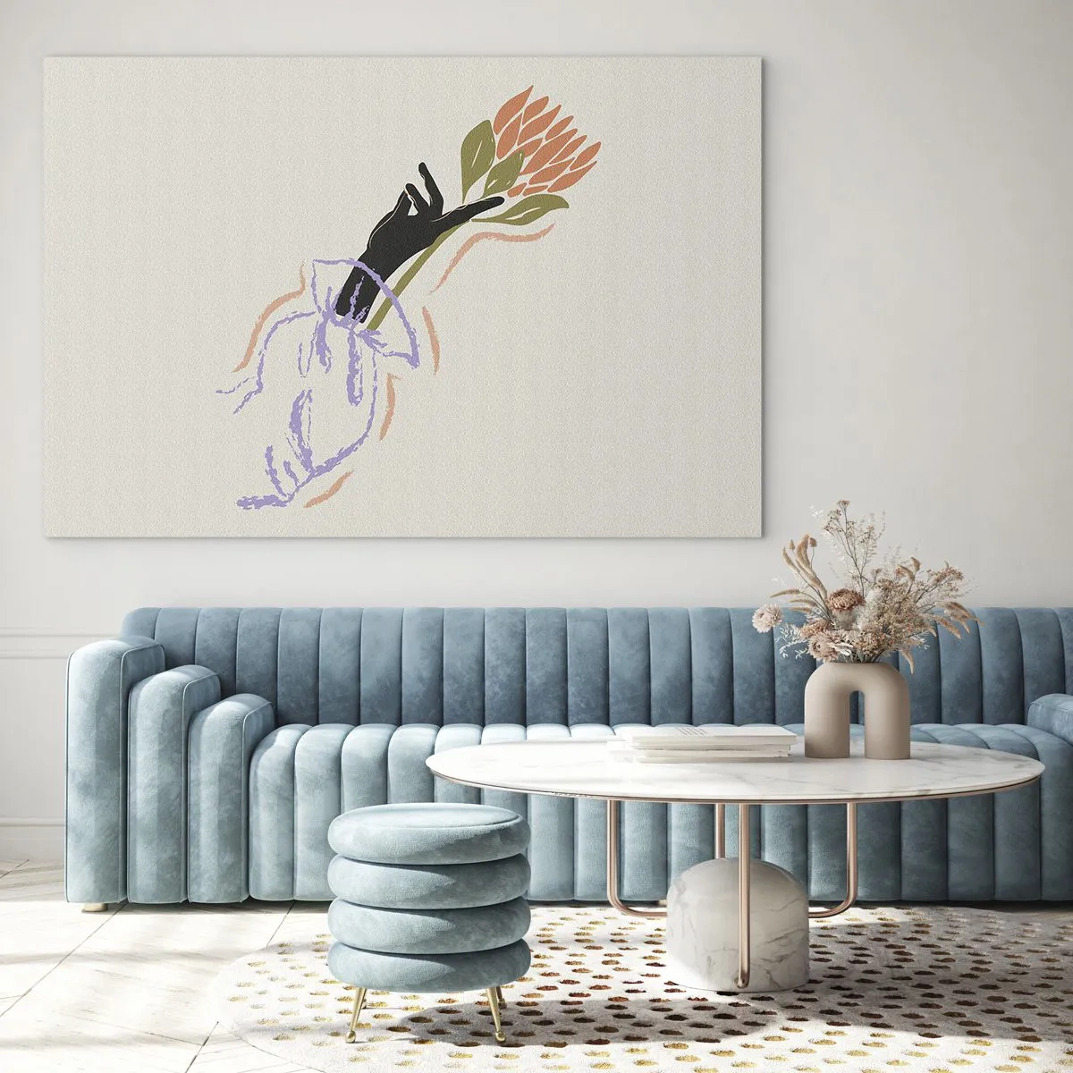Tablou pe sticlă - O mână stilizată cu un buchet de flori desenate cu linii pastelate. - 70x50cm - Atingere surorială - Decorațiune modernă pentru perete pentru living și dormitor ARTTOR