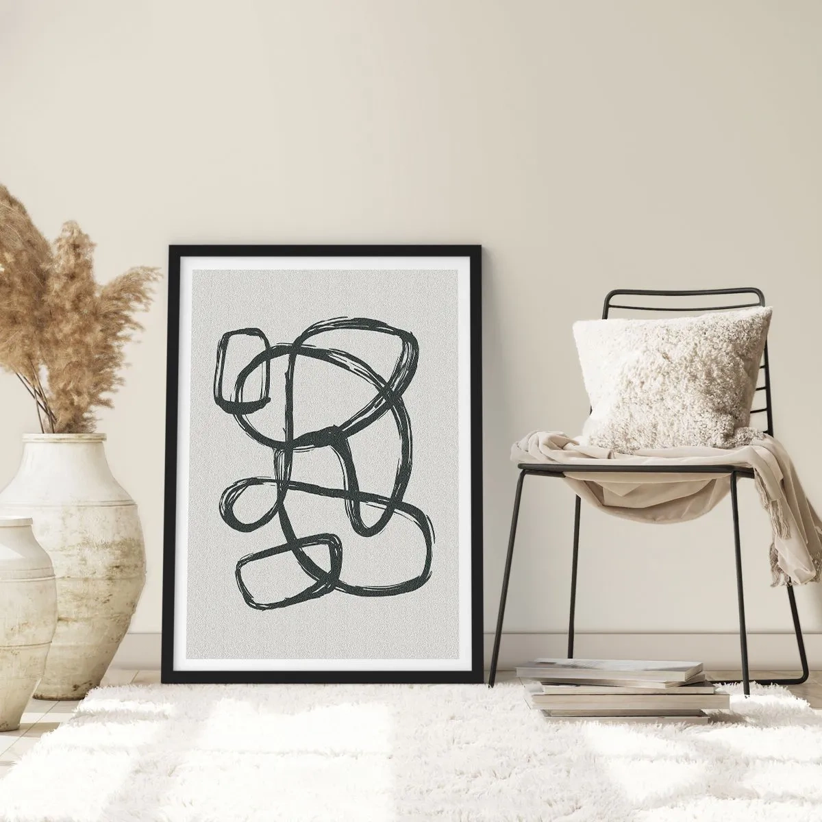 Poster în ramă neagră - Linie neagră abstractă pe un fundal deschis - 50x70cm - Abstracție în buclă - Decorațiune modernă pentru perete pentru living și dormitor ARTTOR