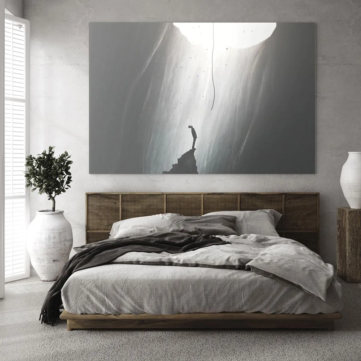 Tablou pe sticlă - Un bărbat stând în întuneric la baza unei ieșiri luminoase peste un abis - 70x50cm - Există întotdeauna o cale de ieșire - Decorațiune modernă pentru perete pentru living și dormitor ARTTOR