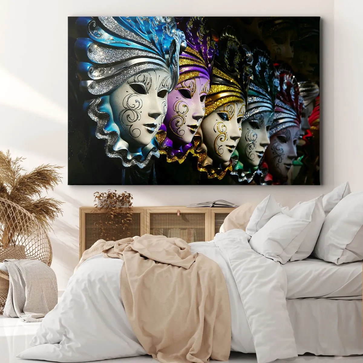 Tablou pe pânză Canvas - Măști venețiene în diverse culori cu modele decorative - 70x50cm - Mister în aur și argint - Decorațiune modernă pentru perete pentru living și dormitor ARTTOR