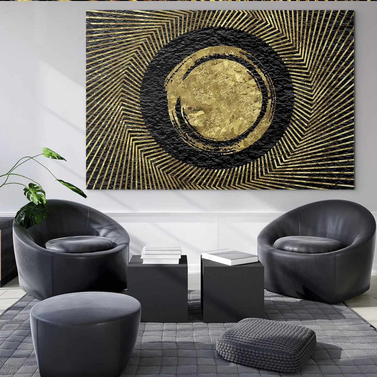 Tablou pe sticlă - Cerc auriu cu raze pe fundal negru într-un stil glamour - 70x50cm - Compoziție glamour - Decorațiune modernă pentru perete pentru living și dormitor ARTTOR