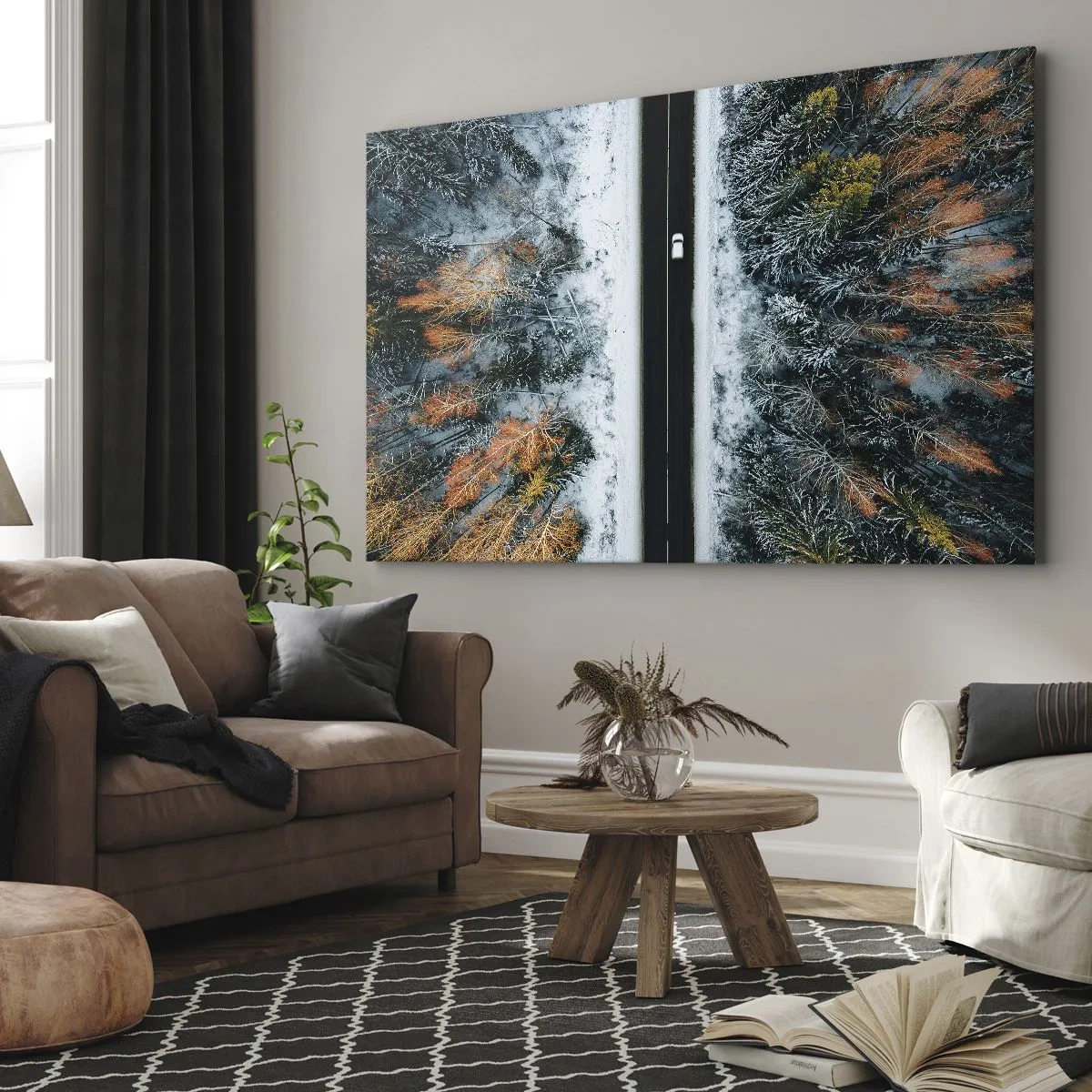 Tablou pe pânză Canvas - Un drum printr-o pădure de iarnă văzut din perspectiva unei păsări - 70x50cm - Prin pădurea de iarnă - Decorațiune modernă pentru perete pentru living și dormitor ARTTOR