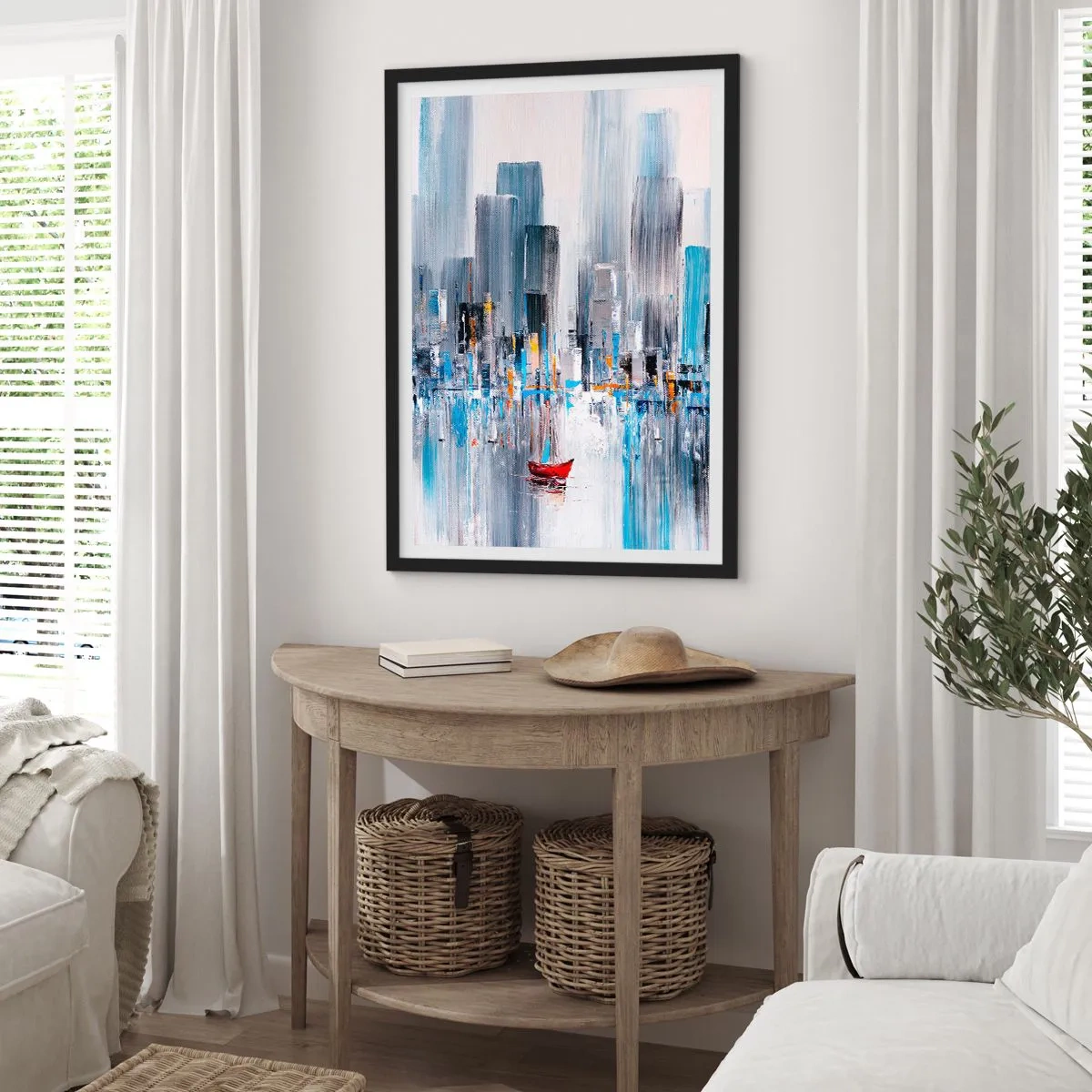 Poster în ramă neagră - O pictură abstractă care înfățișează orizontul unui oraș deasupra apei cu o barcă roșie. - 50x70cm - Metropola de lângă golf - Decorațiune modernă pentru perete pentru living și dormitor ARTTOR