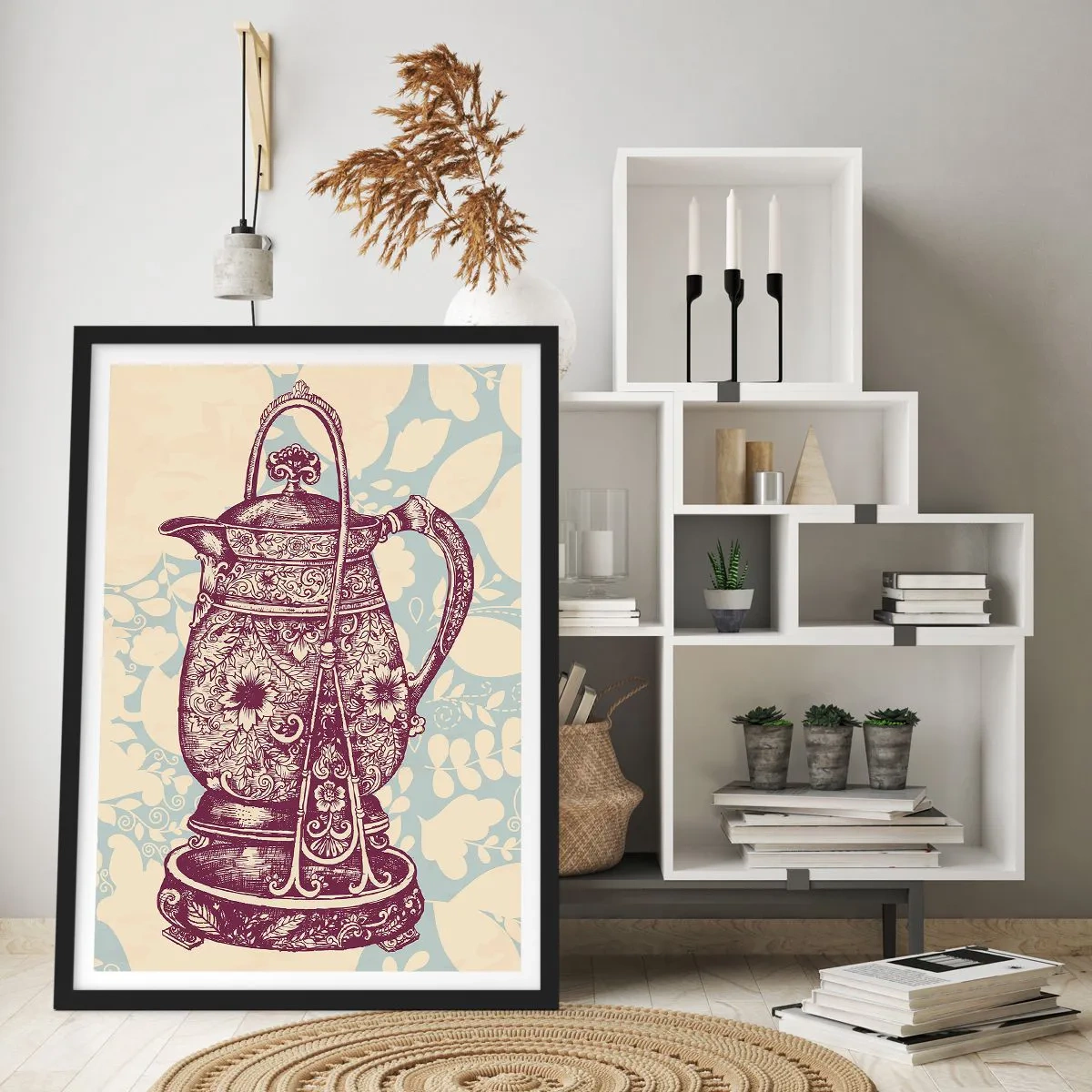 Poster în ramă neagră - Un ulcior vintage decorat pe un fundal decorativ - 50x70cm - Frumusețea vieții de zi cu zi - Decorațiune modernă pentru perete pentru living și dormitor ARTTOR