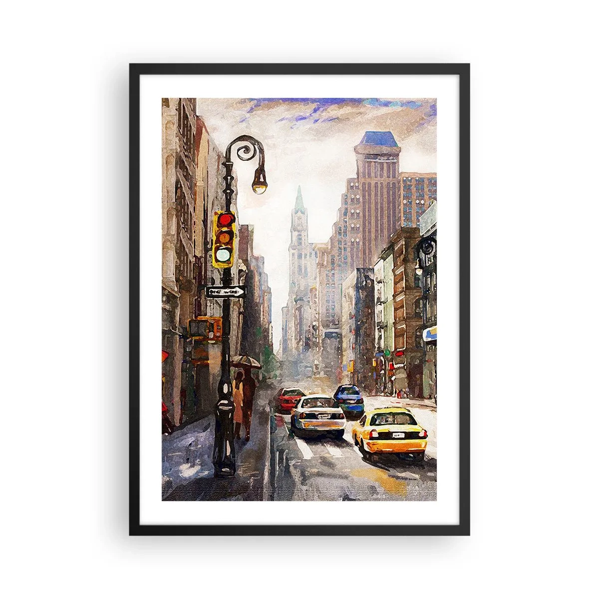 Poster în ramă neagră - Stradă de oraș cu mașini și semafoare - 50x70cm - New York - plin de culoare și în ploaie - Decorațiune modernă pentru perete pentru living și dormitor ARTTOR