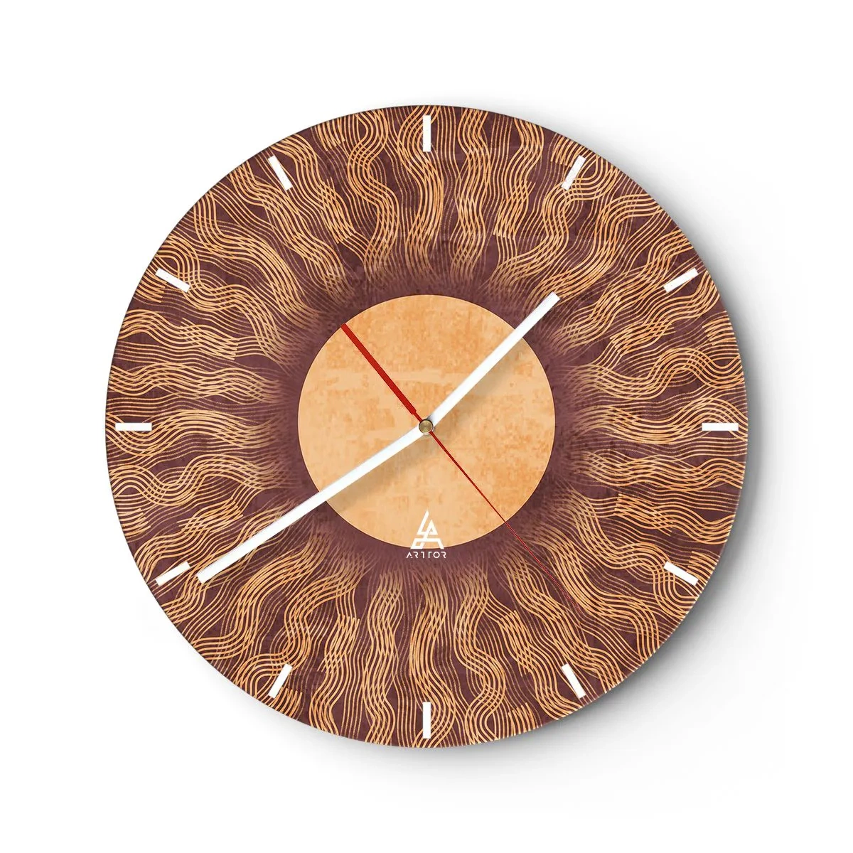 Ceas de perete - Ceas pe sticlă - Cadran solar cu model radiant în culori calde - 30x30cm - Icoana soarelui - Decorațiune modernă pentru perete pentru living, bucătărie și dormitor ARTTOR