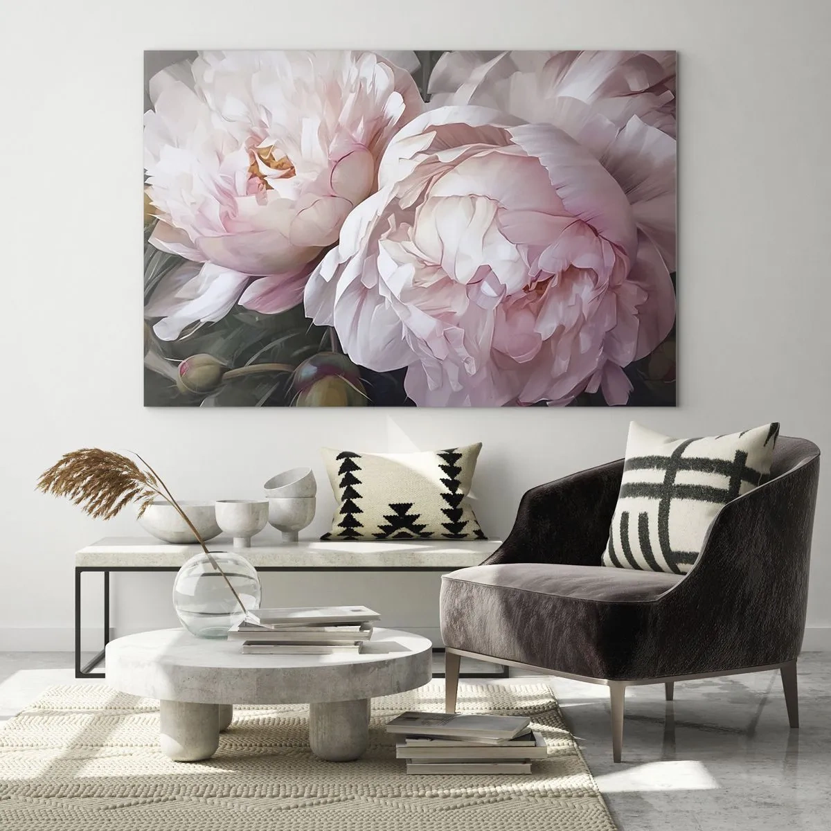 Tablou pe sticlă - Bujori delicați într-o nuanță roz deschis în prim-plan - 70x50cm - Oprit din înflorire - Decorațiune modernă pentru perete pentru living și dormitor ARTTOR