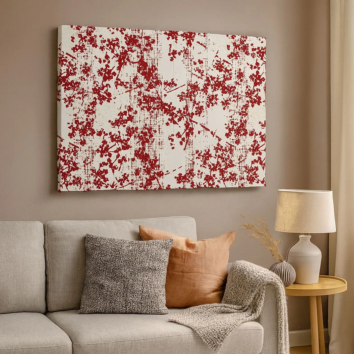 Tablou pe pânză Canvas - Flori roșii pe fundal alb într-un stil artistic - 70x50cm - Ca un percal vechi - Decorațiune modernă pentru perete pentru living și dormitor ARTTOR