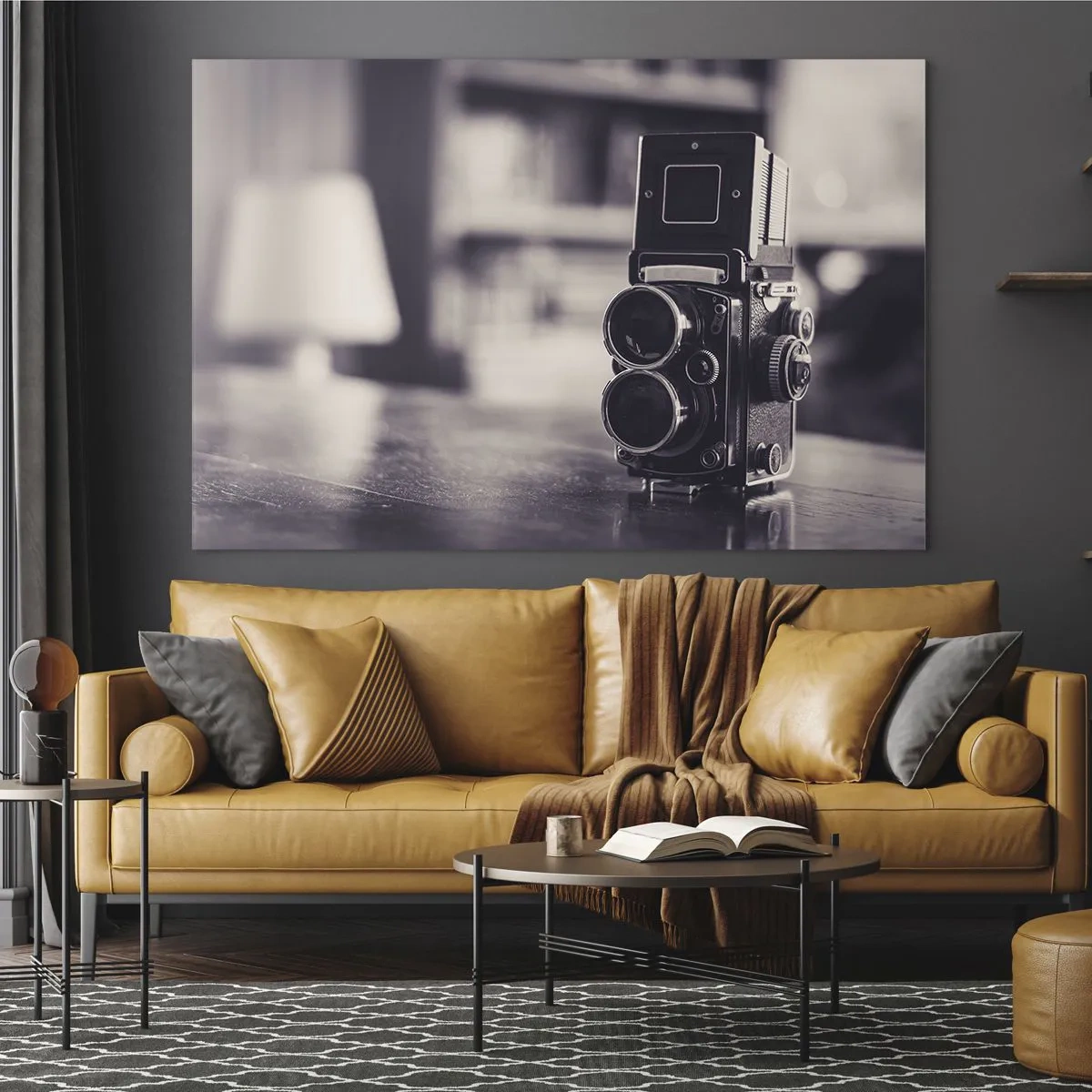 Tablou pe sticlă - Fotografie alb-negru a unui aparat foto antic - 70x50cm - Magia fotografiei vechi - Decorațiune modernă pentru perete pentru living și dormitor ARTTOR