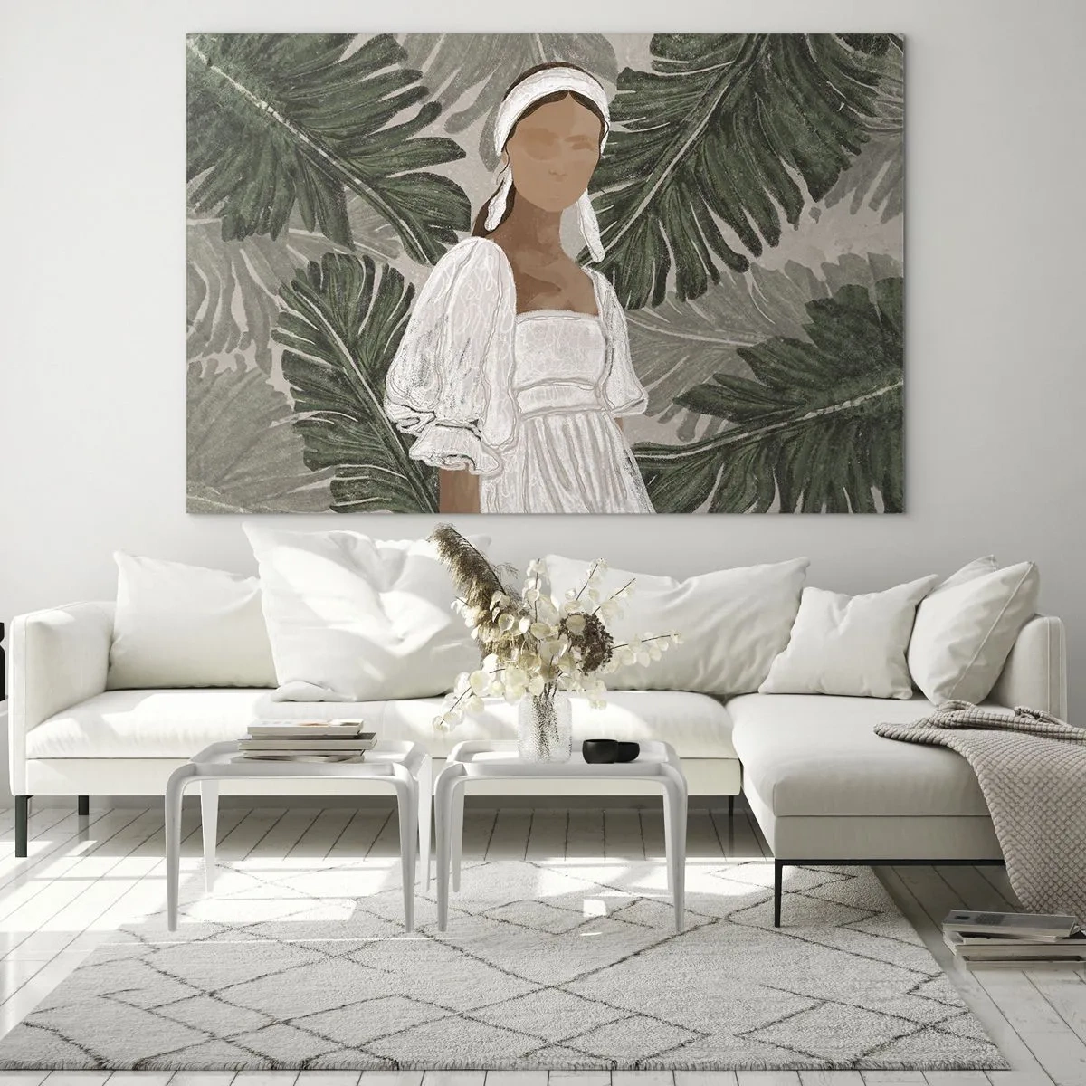Tablou pe sticlă - O femeie într-o rochie albă pe un fundal de frunze tropicale verzi. - 70x50cm - Portret exotic - Decorațiune modernă pentru perete pentru living și dormitor ARTTOR