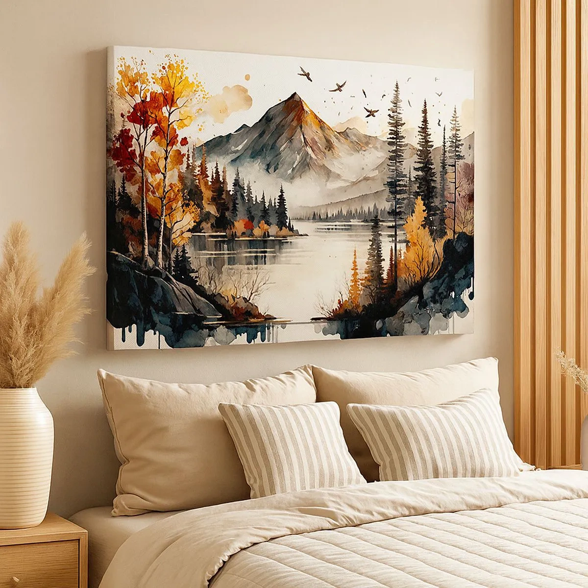 Tablou pe pânză Canvas - Peisaj montan de toamnă cu lac și copaci în acuarelă - 70x50cm - Toamna de aur în munți - Decorațiune modernă pentru perete pentru living și dormitor ARTTOR