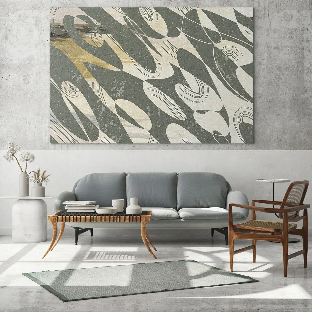 Tablou pe sticlă - O compoziție verde și bej cu forme organice dinamice - 70x50cm - Abstracție ritmică - Decorațiune modernă pentru perete pentru living și dormitor ARTTOR