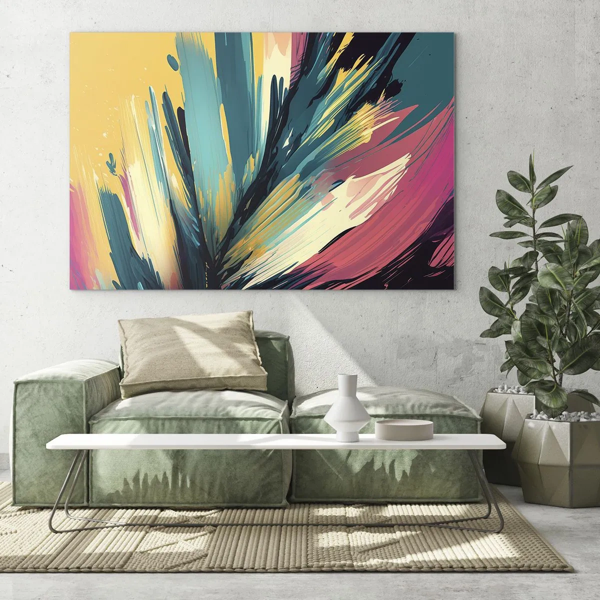Tablou pe sticlă - Pensule dinamice în culori vibrante - 70x50cm - Compoziția - o explozie de bucurie - Decorațiune modernă pentru perete pentru living și dormitor ARTTOR