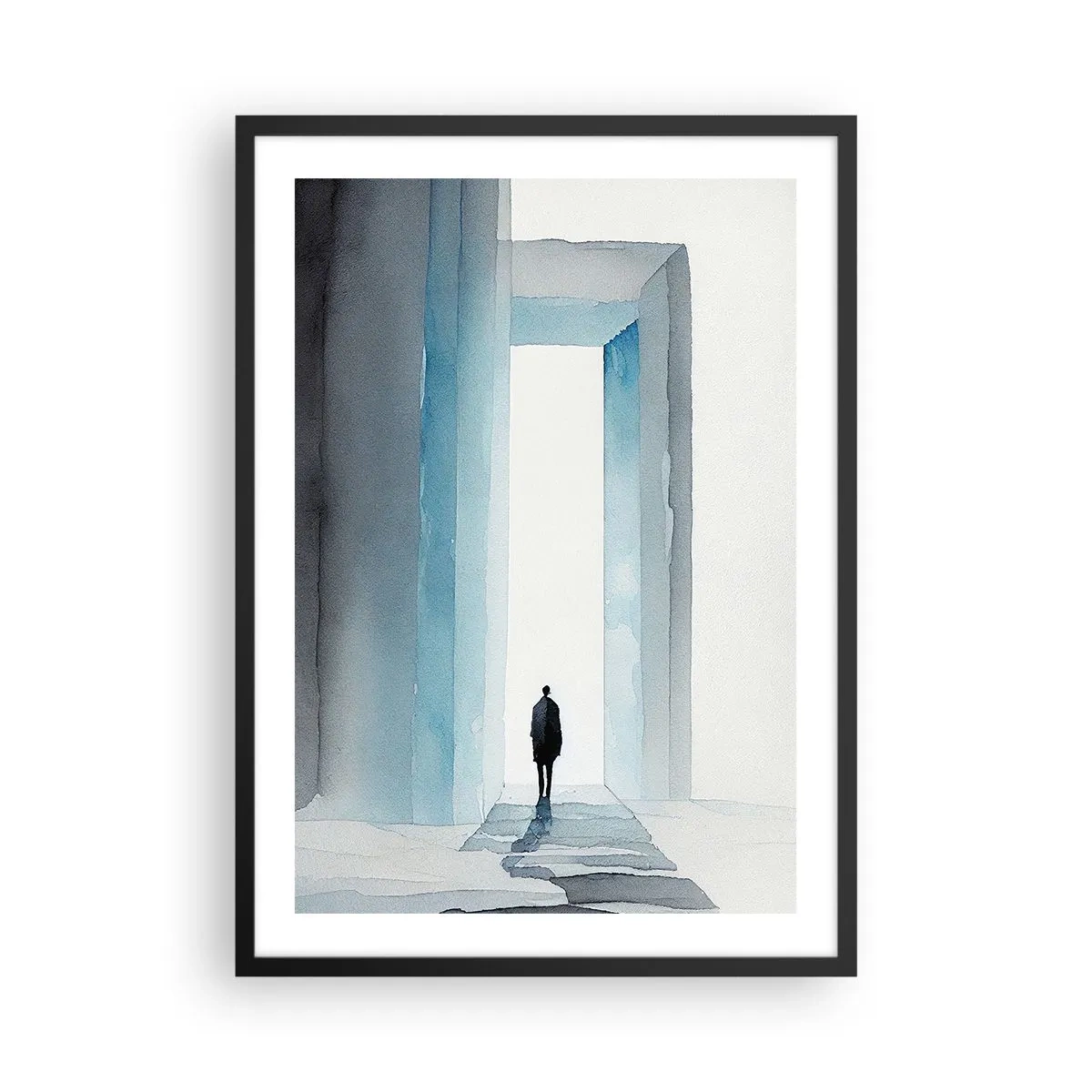 Poster în ramă neagră - O figură care trece printr-o poartă albastră, simbolizând libertatea și posibilitățile nelimitate - 50x70cm - Trăiește fără limite - Decorațiune modernă pentru perete pentru living și dormitor ARTTOR
