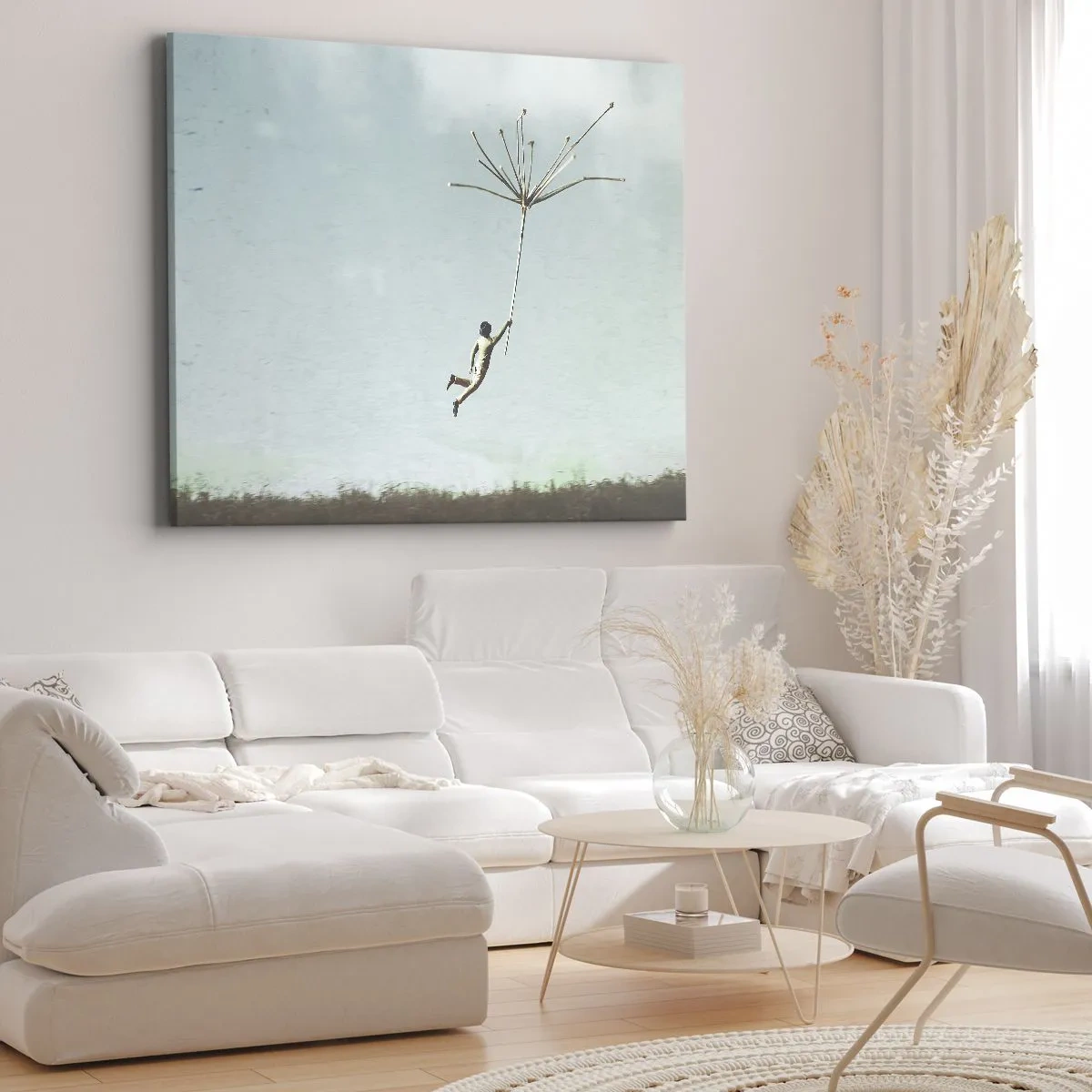 Tablou pe pânză Canvas - O figură ridicată de o sămânță mare de păpădie - 70x50cm - Zmeuri, suflante, vânt - Decorațiune modernă pentru perete pentru living și dormitor ARTTOR