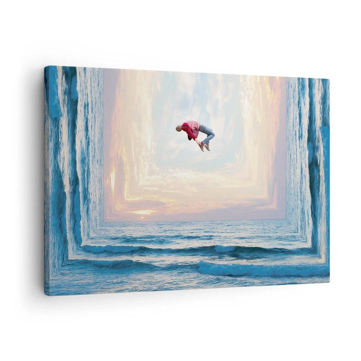 Tablou pe pânză Canvas - Salt suprarealist peste mare în cadru - 70x50cm - Spre o altă dimensiune - Decorațiune modernă pentru perete pentru living și dormitor ARTTOR