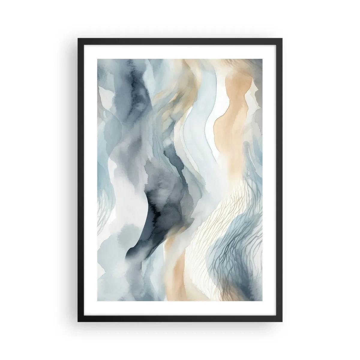 Poster în ramă neagră - Valuri abstracte în nuanțe de bej și albastru marin - 50x70cm - Abstracție de zăpadă și ceață - Decorațiune modernă pentru perete pentru living și dormitor ARTTOR