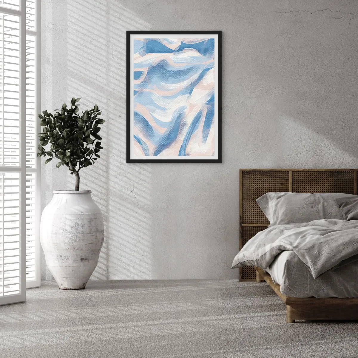 Poster în ramă neagră - Val abstract în nuanțe de albastru și bej - 50x70cm - Undele albastre - Decorațiune modernă pentru perete pentru living și dormitor ARTTOR