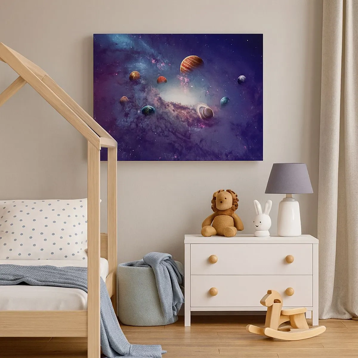 Tablou pe pânză Canvas - Planete într-o galaxie cu o nebuloasă în fundal - 70x50cm - Sistemul de dans solar - Decorațiune modernă pentru perete pentru living și dormitor ARTTOR