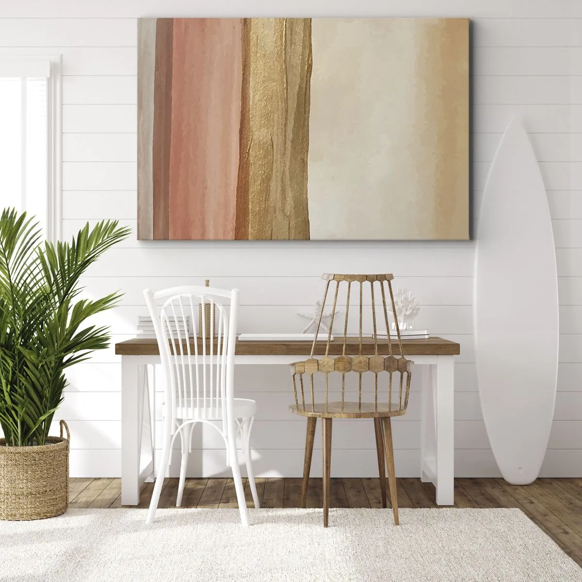 Tablou pe pânză Canvas - Dungi abstracte în nuanțe de bej, auriu și roz pe pânză - 70x50cm - Compoziție verticală - Decorațiune modernă pentru perete pentru living și dormitor ARTTOR