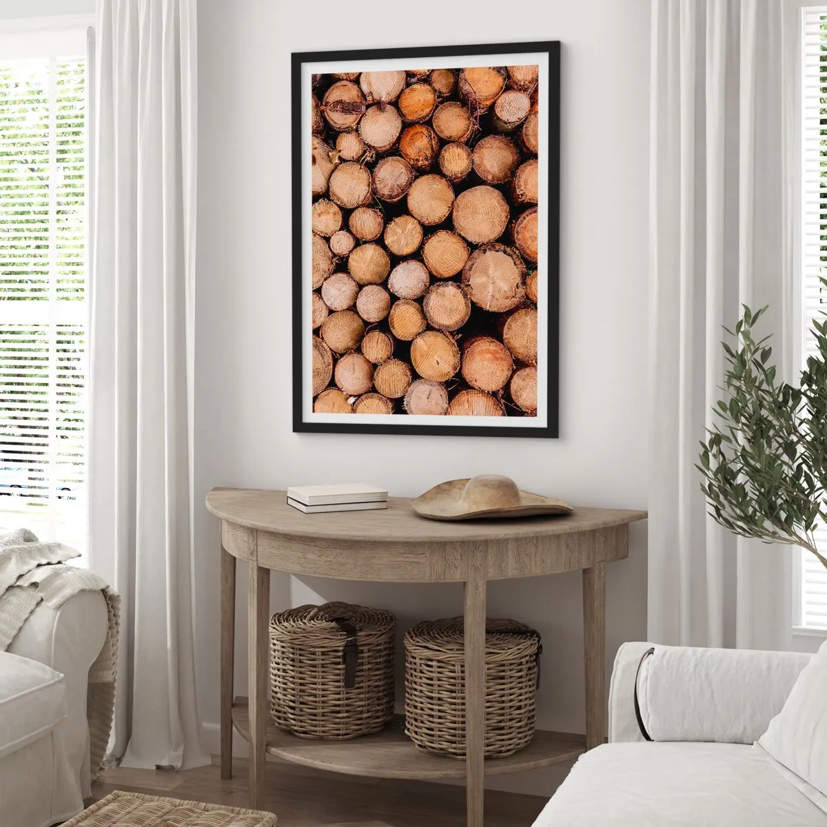 Poster în ramă neagră - Trunchiuri de copaci tăiate natural într-un aranjament artistic - 50x70cm - Un nou început - Decorațiune modernă pentru perete pentru living și dormitor ARTTOR