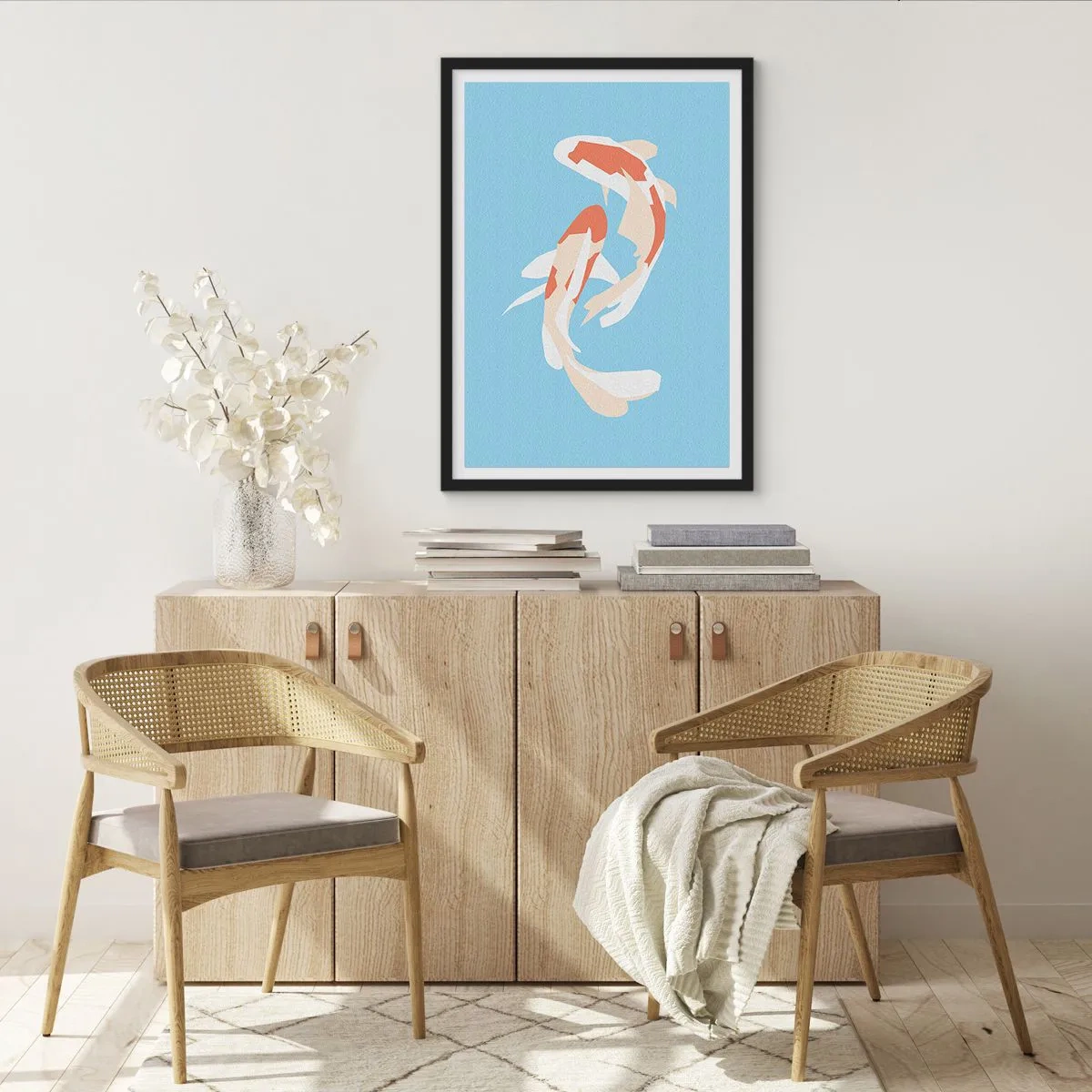 Poster în ramă neagră - Doi pești koi înotând în armonie - 50x70cm - Înot sincron spontan - Decorațiune modernă pentru perete pentru living și dormitor ARTTOR