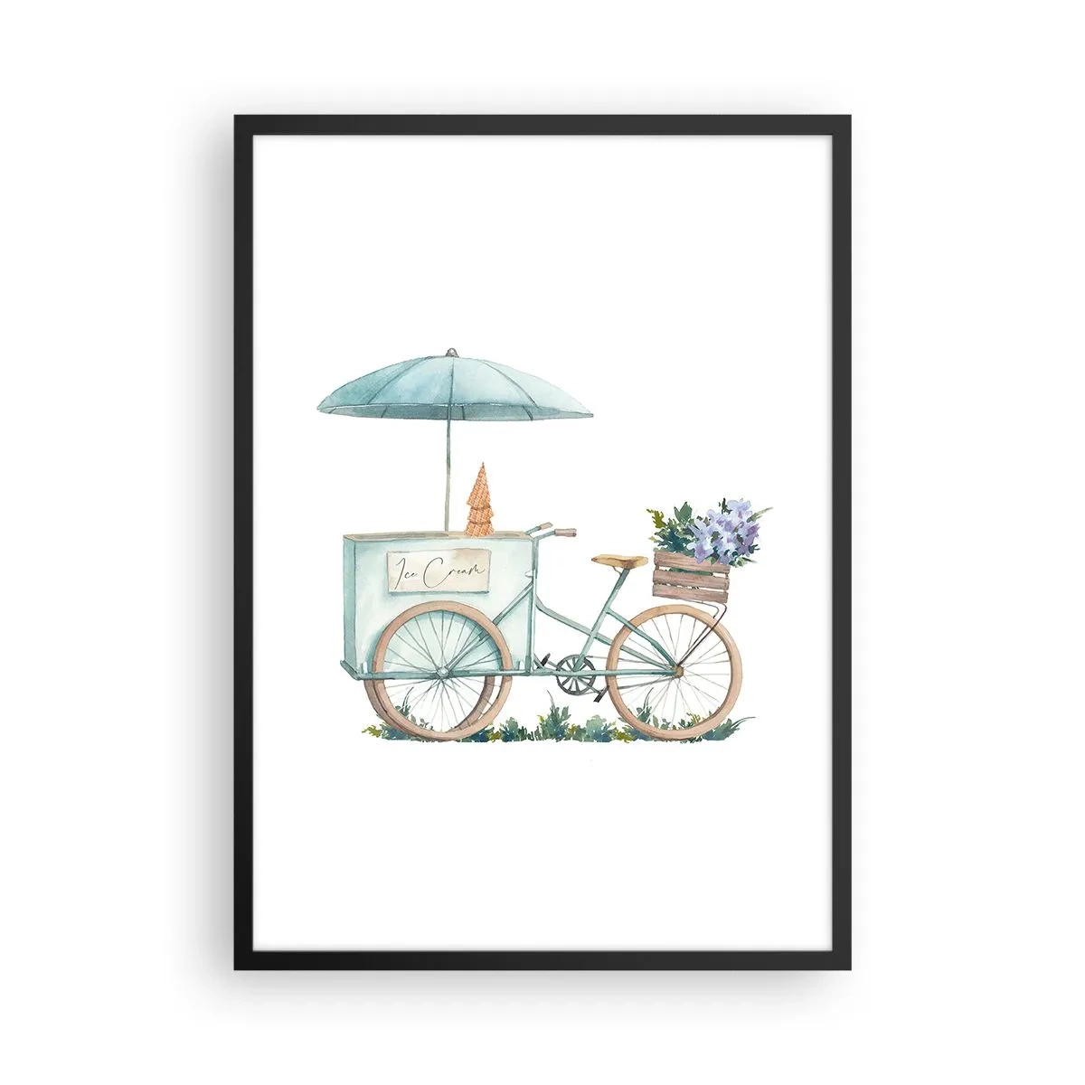 Poster în ramă neagră - Ilustrație în acuarelă a unei biciclete cu înghețată și flori - 50x70cm - O dulce amintire de vară - Decorațiune modernă pentru perete pentru living și dormitor ARTTOR