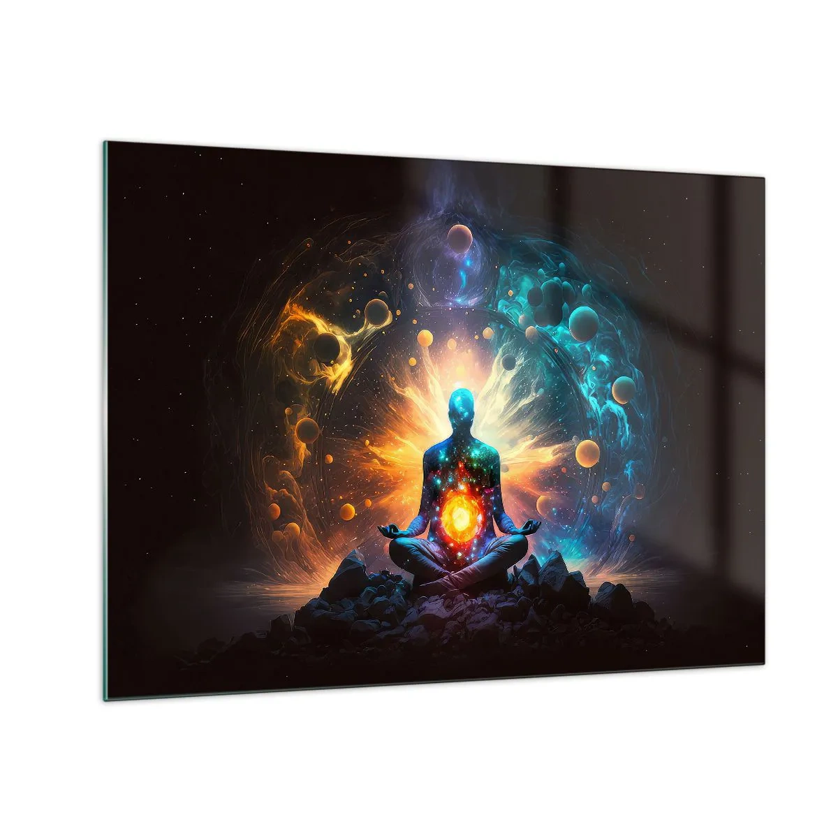 Tablou pe sticlă - O siluetă meditativă într-o explozie cosmică de culori - 70x50cm - Liniște cosmică - Decorațiune modernă pentru perete pentru living și dormitor ARTTOR