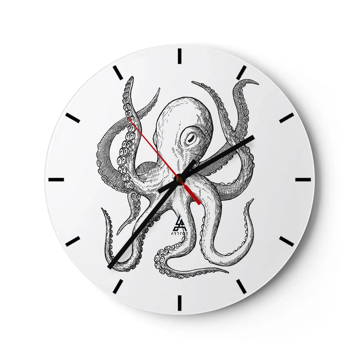 Ceas de perete - Ceas pe sticlă - Ilustrație de caracatiță în stil vintage pe fundal alb - 30x30cm - Dansând cu valurile - Decorațiune modernă pentru perete pentru living, bucătărie și dormitor ARTTOR
